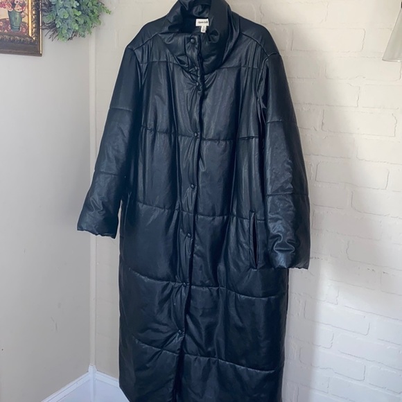 Open Edit coat black long trench puffer pockets snap button down closure 4X NEW - Picture 2 of 8